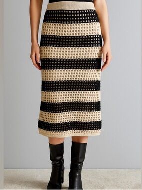 Steve Madden Black and Cream Striped Crochet Midi Skirt